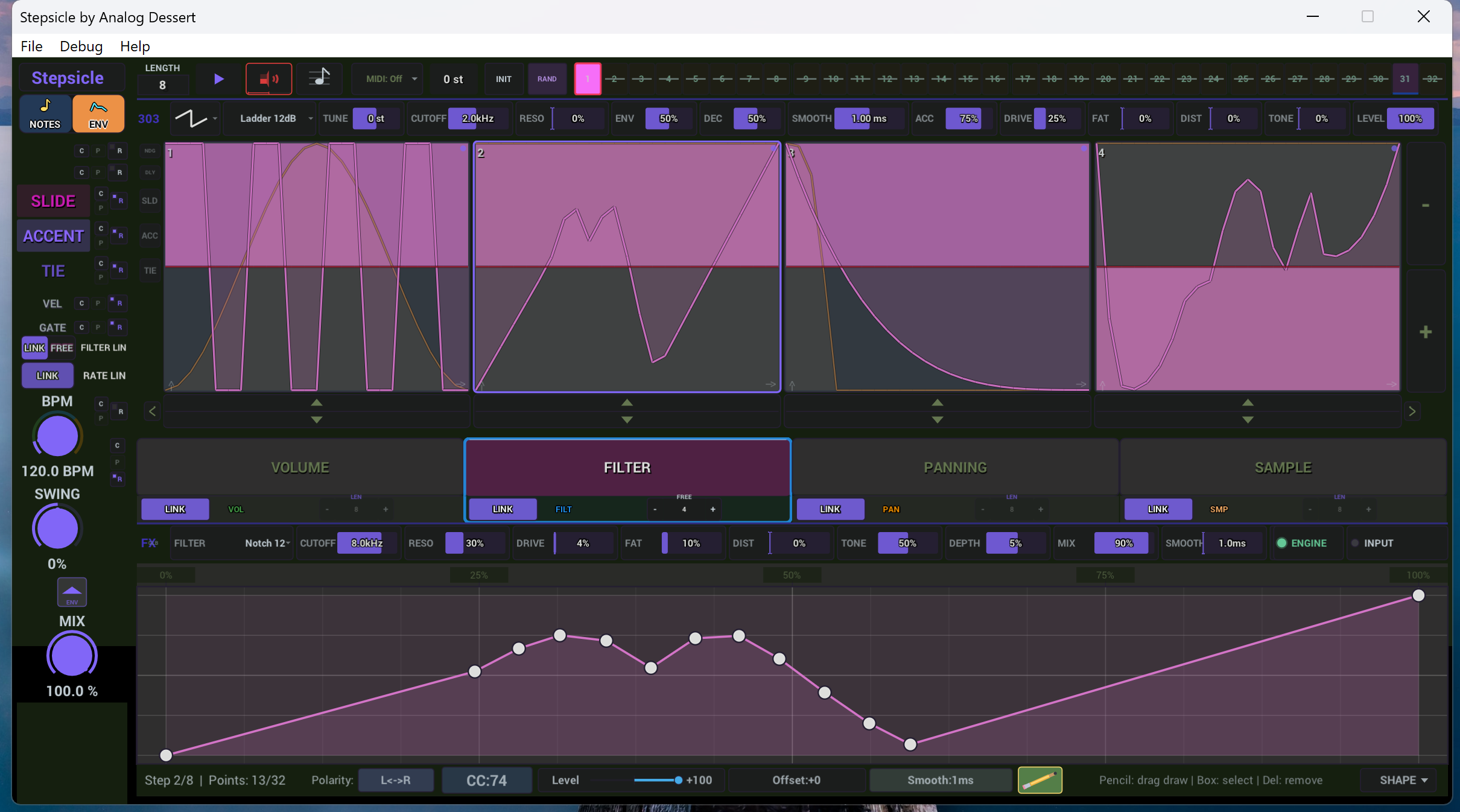 Stepsicle Envelope Mode showing per-step modulation curves and the purple interface theme