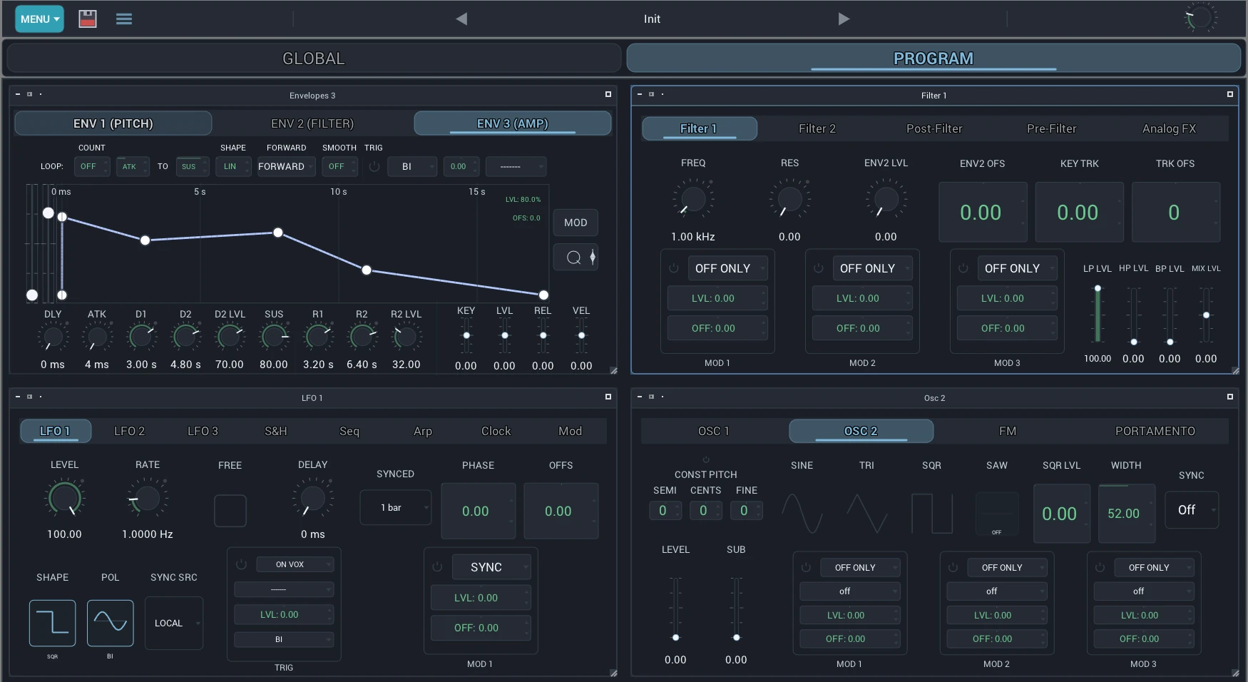 Andromeda Editor with the A6 envelope, filter, LFO and oscillator panels