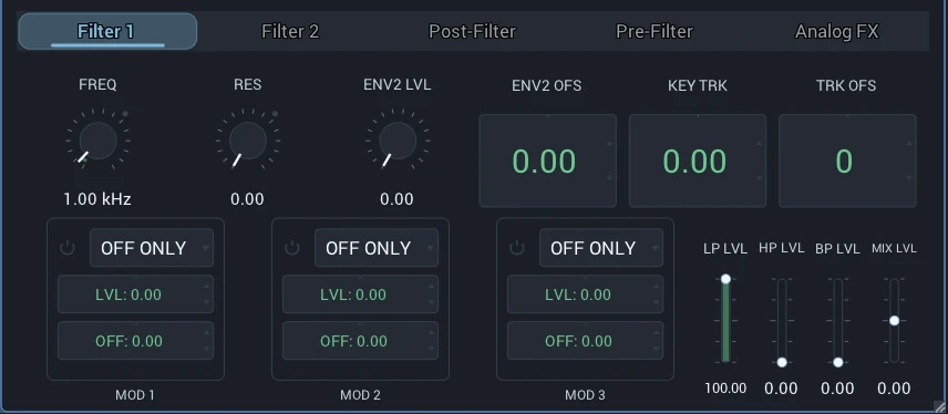Andromeda Editor Filter 1 panel with frequency, resonance and envelope amount