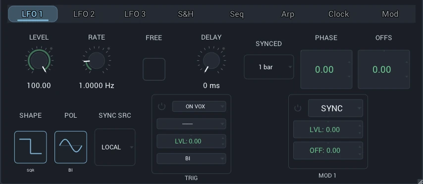 Andromeda Editor LFO 1 panel with level, rate, delay and shape