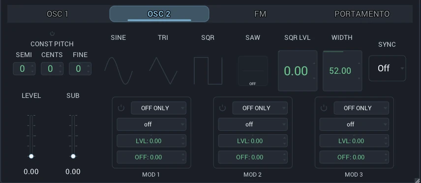 Andromeda Editor Osc 2 panel with waveform and level controls