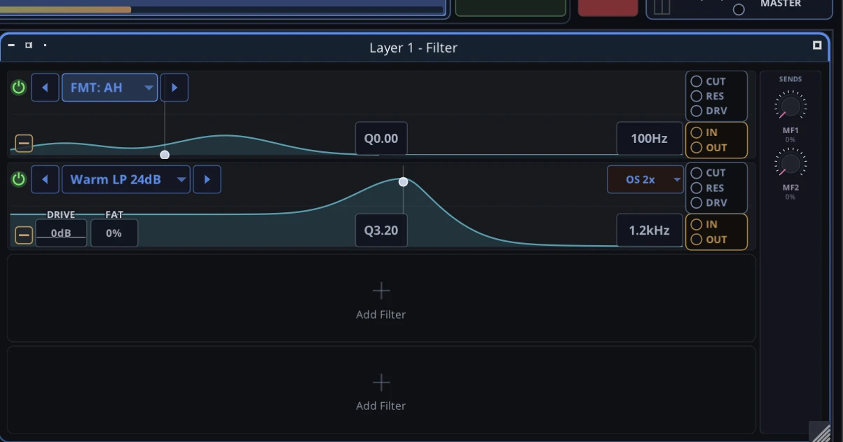 Two stacked filters: a Formant AH vowel filter and a resonant Warm LP 24dB filter with a sharp resonance peak