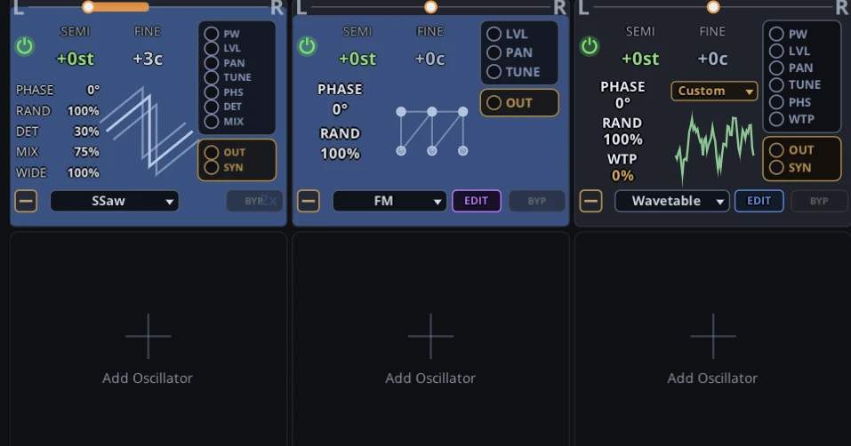 Three oscillator slots in one layer: SuperSaw, a six-operator FM oscillator, and a Wavetable oscillator, each with its own Edit button