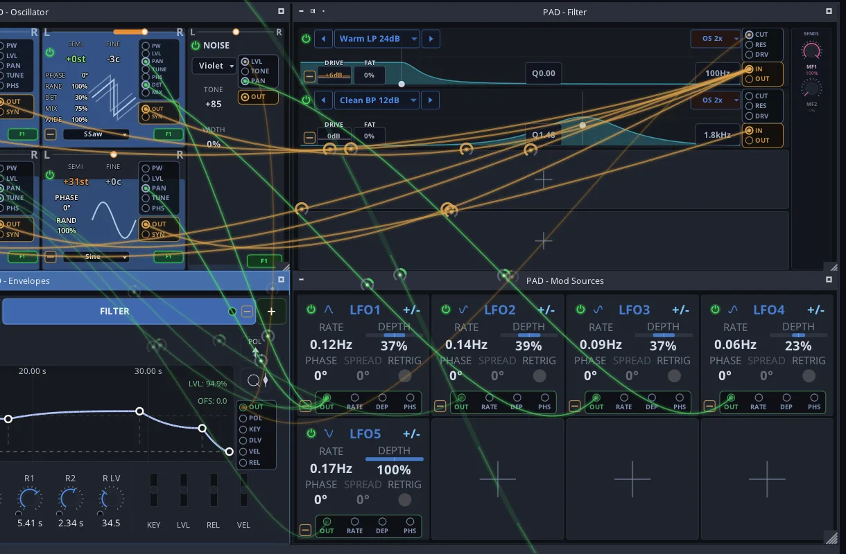 Patch cables running from the PBS-80 oscillators and LFOs into two filters