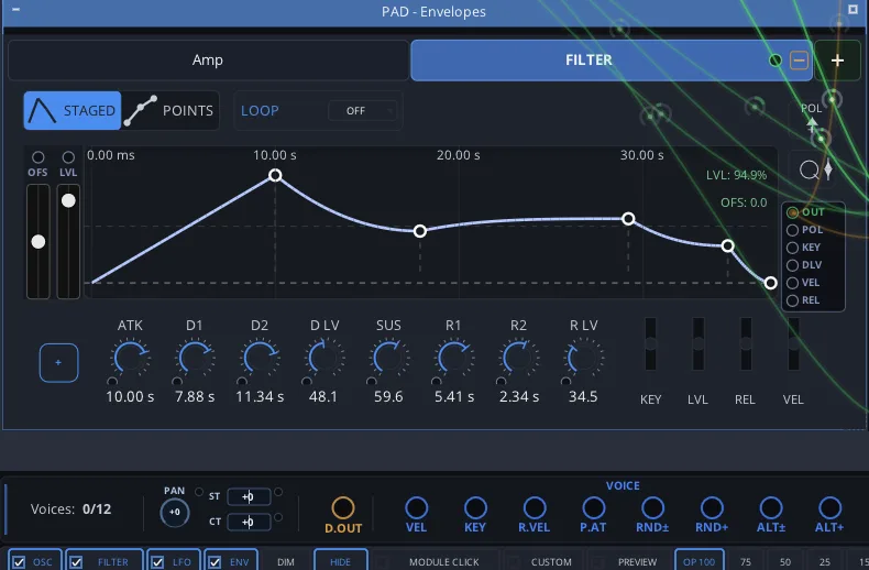 Filter envelope in the staged editor with delay, attack, two decays, sustain and two releases