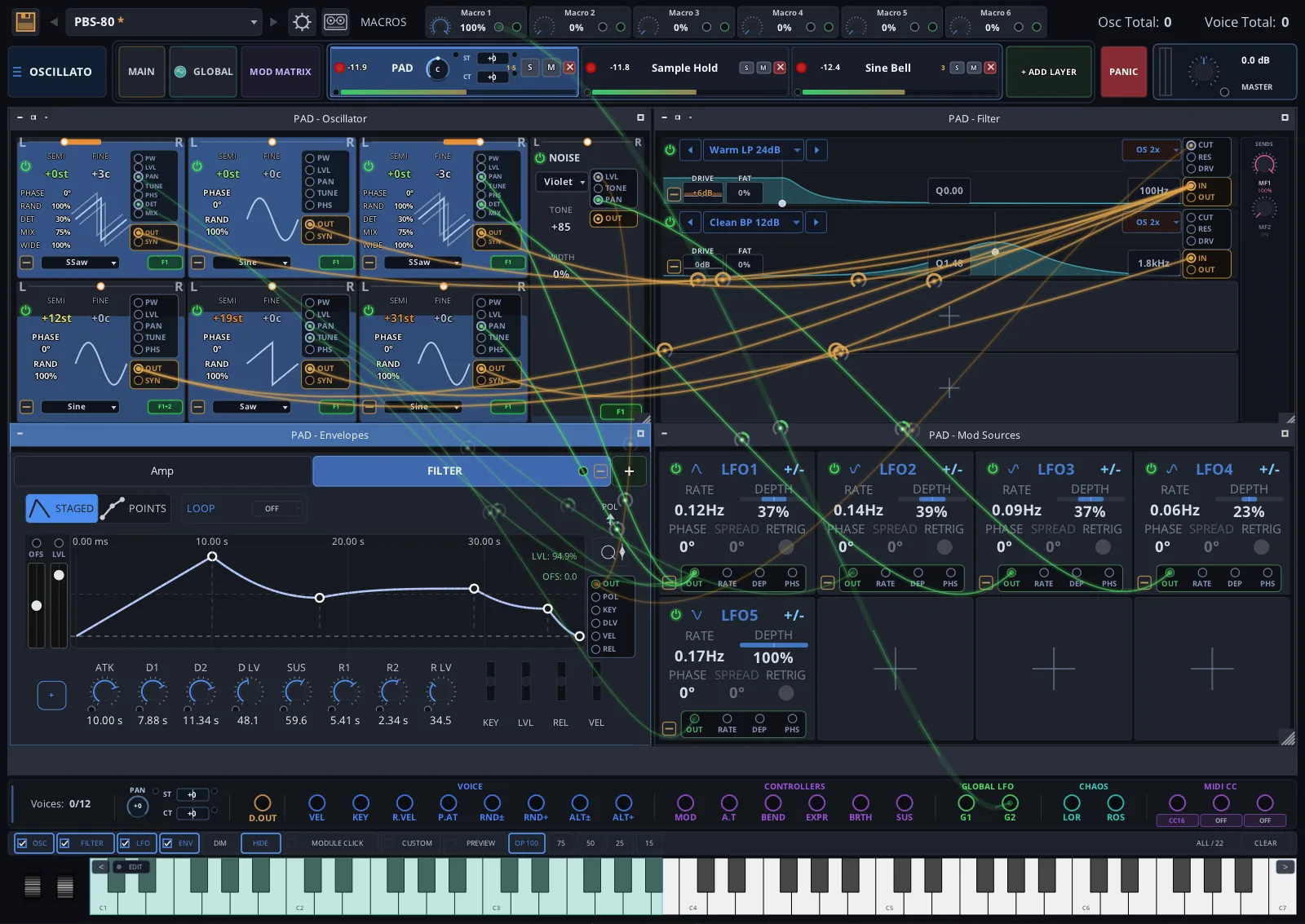 Oscillato patch view with the PBS-80 preset: cables run from the oscillators into two filters