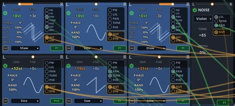Oscillato oscillators on the PBS-80 preset: SuperSaw, sine and saw waves beside a violet noise source