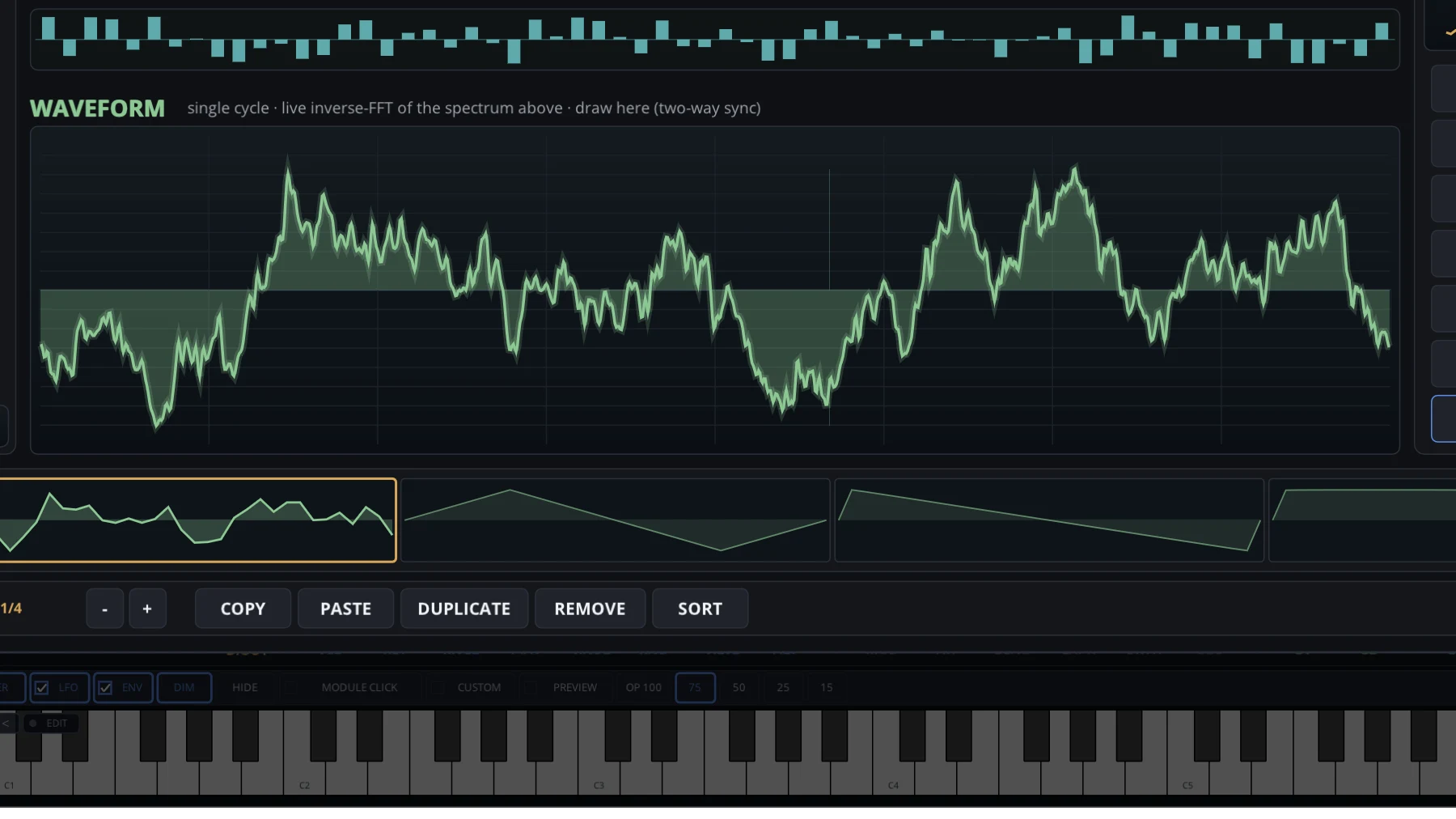 Wavetable editor waveform display showing a custom single-cycle waveform