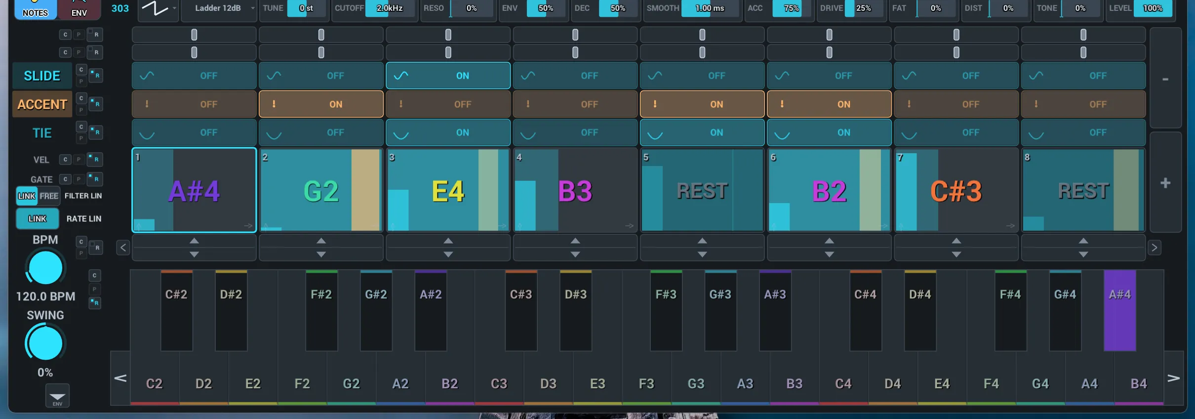 Stepsicle note sequencer with slide, accent and tie rows above the step grid and keyboard