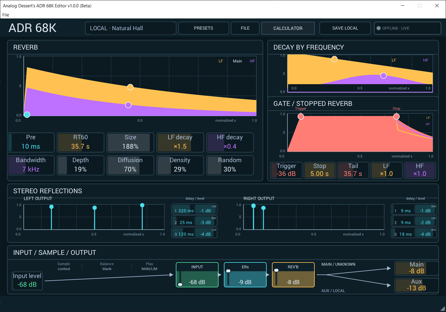 ADR 68K Editor local Natural Hall reverb controls.