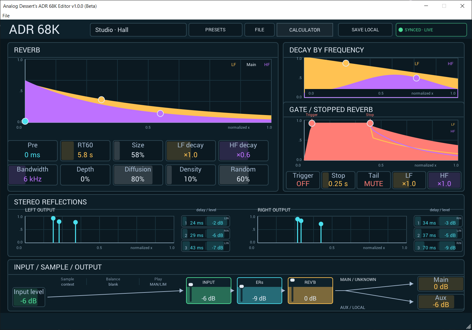 ADR 68K Editor Studio Hall reverb, stereo reflections and input/output controls.