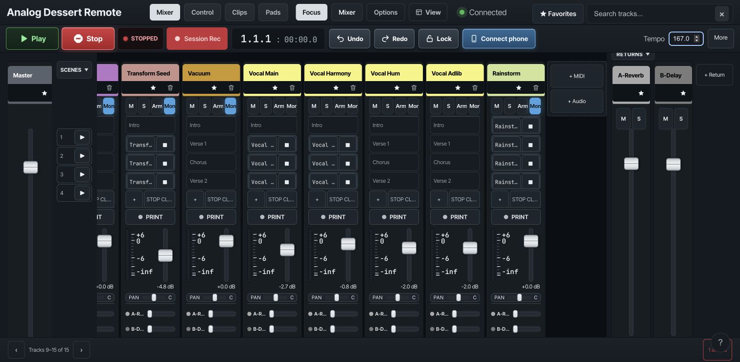 Analog Dessert Remote mixer view with track faders, clip slots, sends and transport controls.