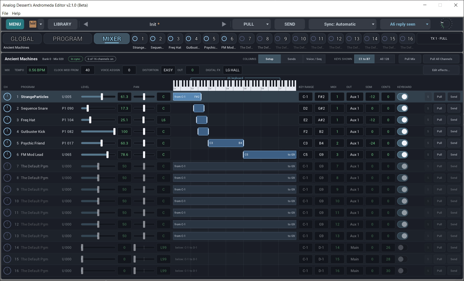 Andromeda A6 editor Mix mode with 16 mix channels.