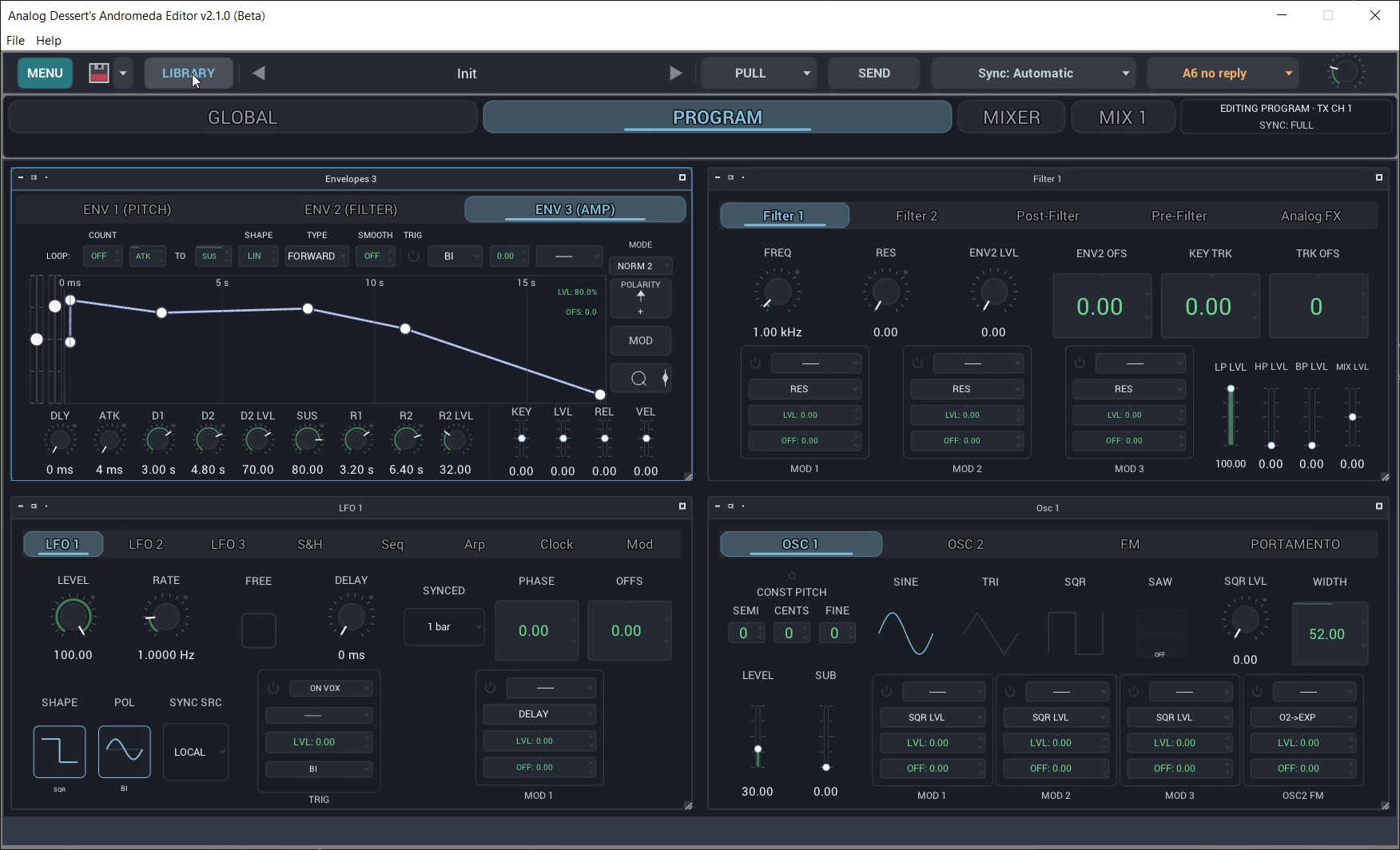 Andromeda Editor Program view with amp envelope, Filter 1, LFO 1 and Oscillator 1 panels.