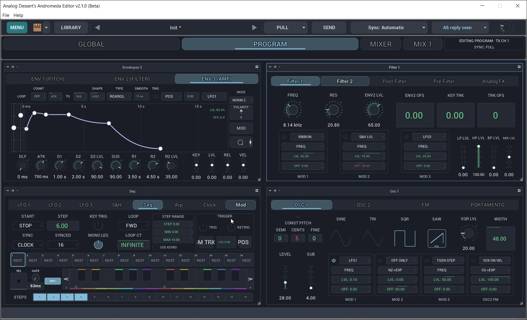 Andromeda Editor Program view with amp envelope, Filter 2, sequence and oscillator controls.