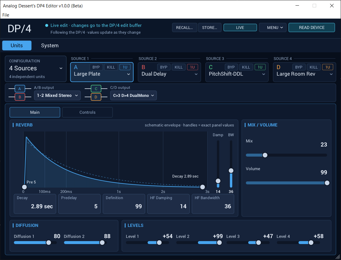DP4 Editor with four sources and Large Plate reverb controls.