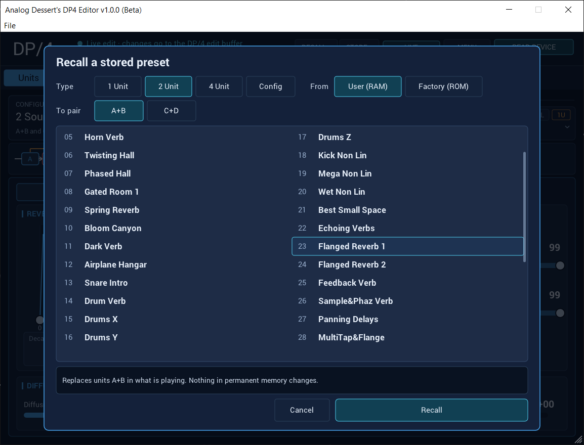DP4 Editor Recall a stored preset dialog with 2 Unit selected.