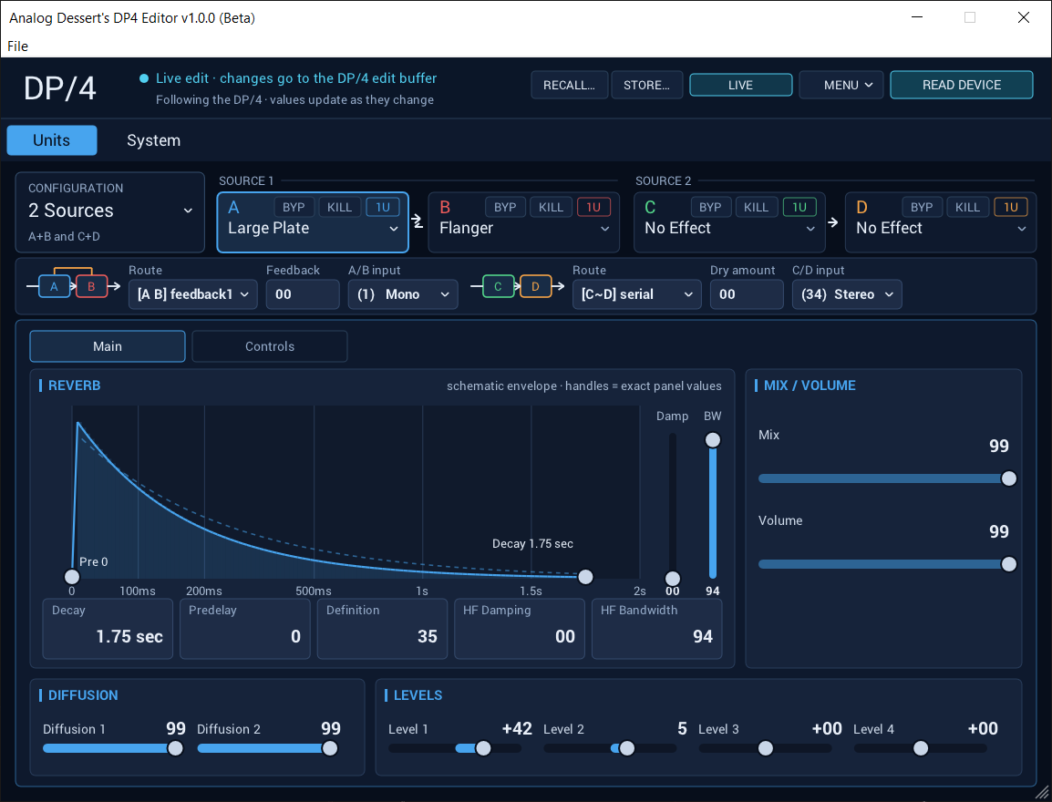 DP4 Editor with two sources and Large Plate reverb controls.