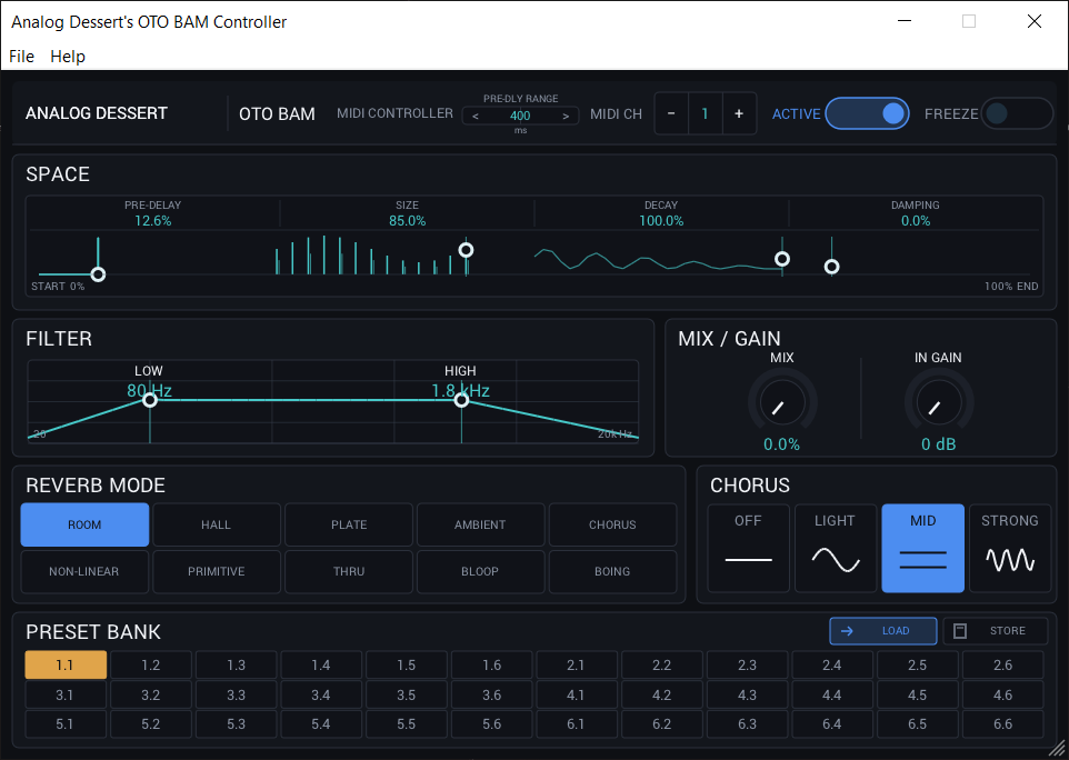 OTO BAM Controller space, filter, reverb mode and preset bank controls.