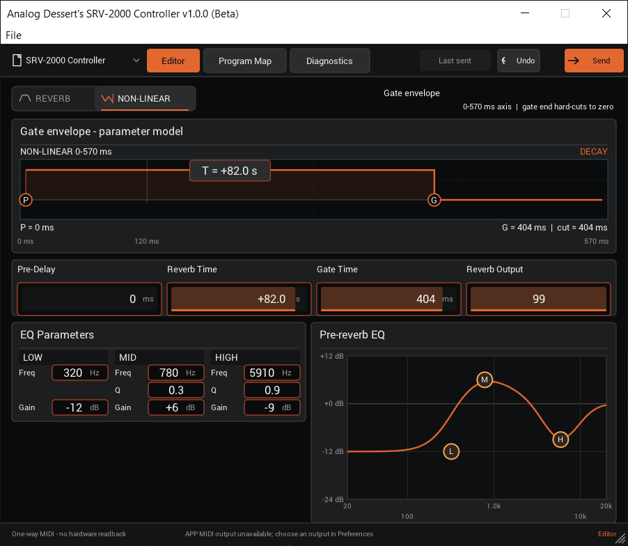 SRV-2000 Controller non-linear gate envelope and pre-reverb EQ controls.
